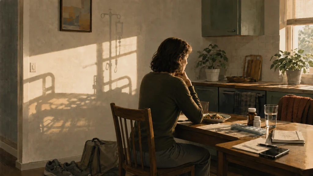 A woman at a kitchen table while shadows of a hospital bed and IV stand fall across the wall behind her. Medicine’s Blind Spot