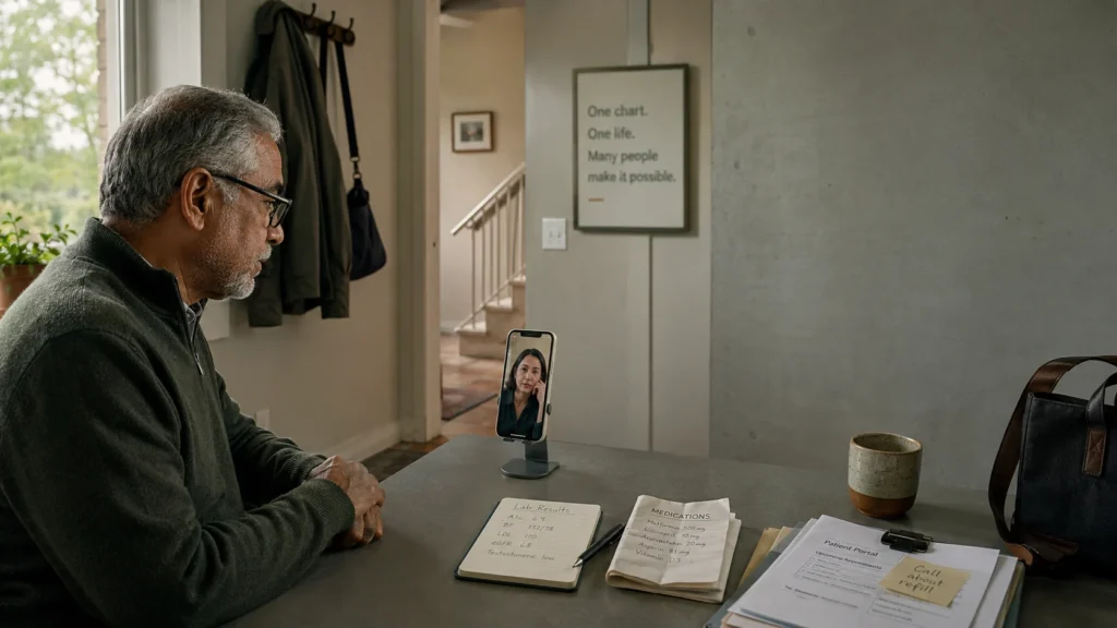 An older man at a table on a video call with a woman, with medical notes and records between them. Health Is Carried by People