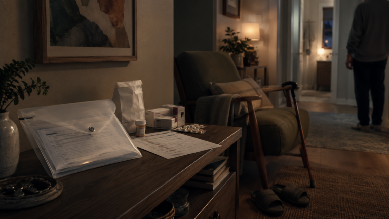 Discharge papers, medications, a walking cane, and a low chair during the first night home after hospital discharge. The First Night Home Is Not a Medical Setting. First night home after discharge