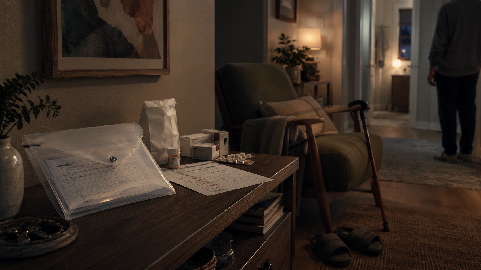 Discharge papers, medications, a walking cane, and a low chair during the first night home after hospital discharge. The First Night Home Is Not a Medical Setting. First night home after discharge