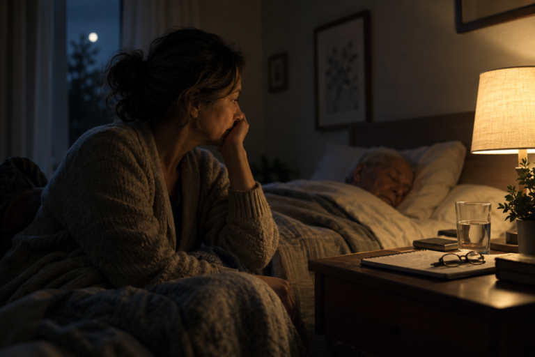 A woman stays awake beside an older man sleeping at home during the night. The Night Shift No One Names and the nighttime caregiving