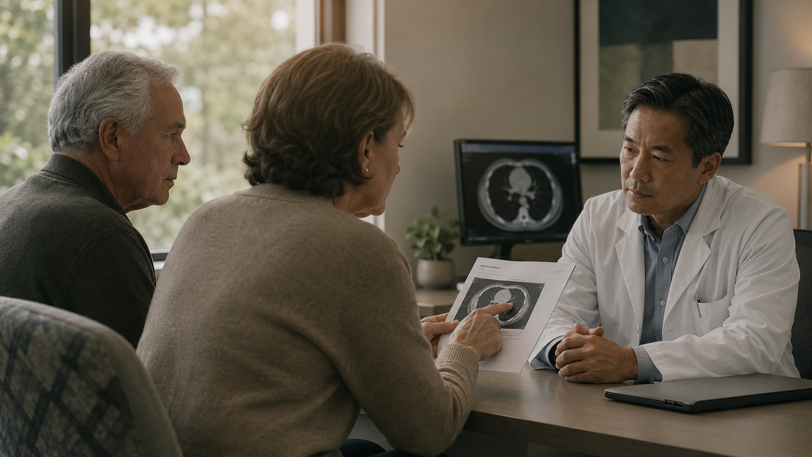 An older couple reviews a chest scan with a physician during a medical consultation. Who Owns the Alert? abnormal test result follow-up