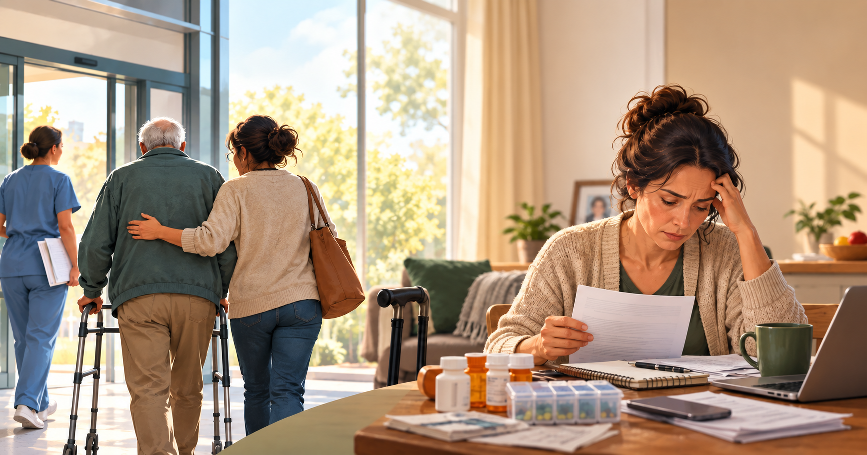 A caregiver helping an older patient leave the hospital while later managing medications, appointments, transportation, and a discharge plan at home. caregiver readiness & Caregiver Capacity