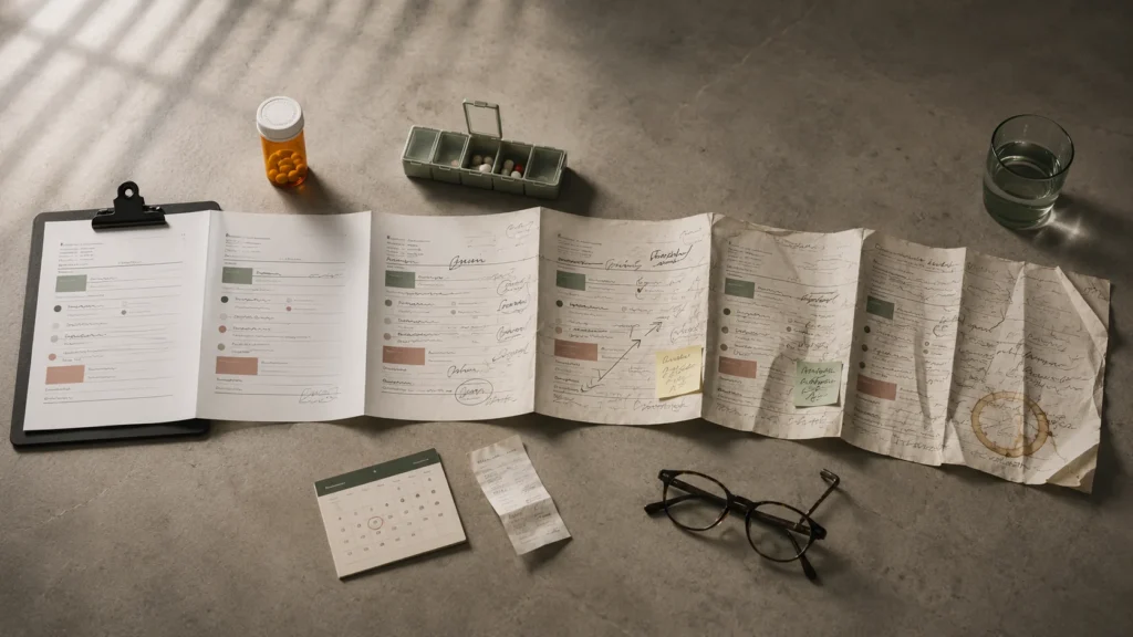 A long discharge plan unfolds across a table, becoming folded, annotated, and worn beside medication and follow-up items. After Hospital Discharge: Why Follow-Through Is Part of the Treatment