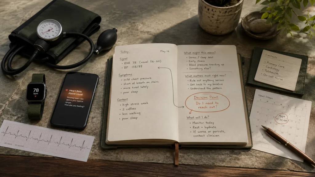 A blood-pressure cuff, smartwatch, phone alert, ECG strip, and handwritten notes arranged around a decision point. When Health Data Becomes a Decision: Wearables, AI, and Human Judgment