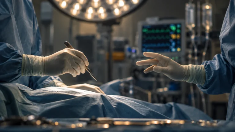 Gloved surgeon pauses with a scalpel as a colleague gestures in the operating room, representing surgical judgment and reconsideration. KevinMD article