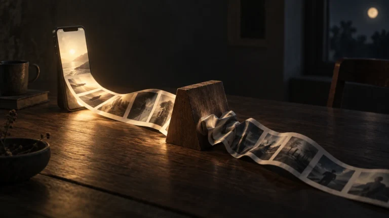 A continuous strip of short-video images is interrupted by a wooden barrier on a dark table. short video scrolling, social media self-control and short-form video attention